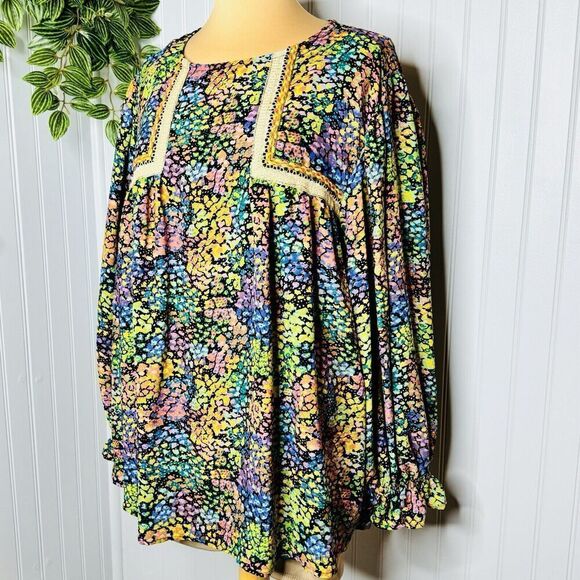 It’s Women's Plus 2XL Multicolor Blouse Ballon Sleeves Abstract Colorful Scoop - Picture 2 of 14